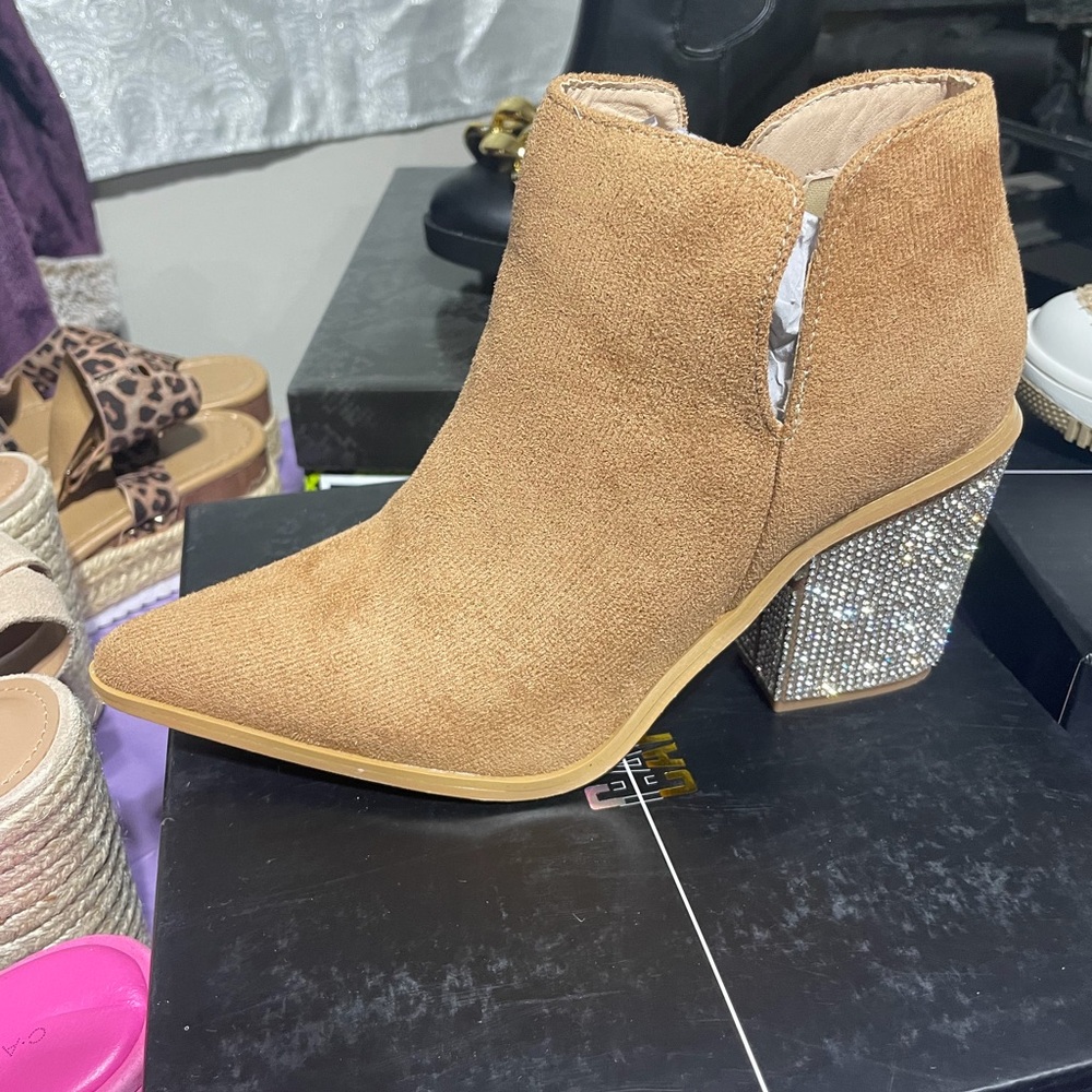 Cape Robbin Tan Ankle Boots with Silver Glitter Heel